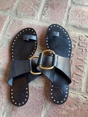 Tory Burch Black Leather Slide Sandals with Gold Rings